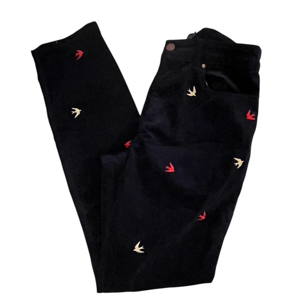 Boden Navy Velvet The Soho Skinny Pants with Embroidered Birds size 8